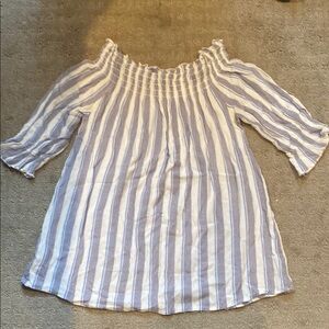 MTS White and Gray Blouse with Puff Sleeves and Smocked Neckline
